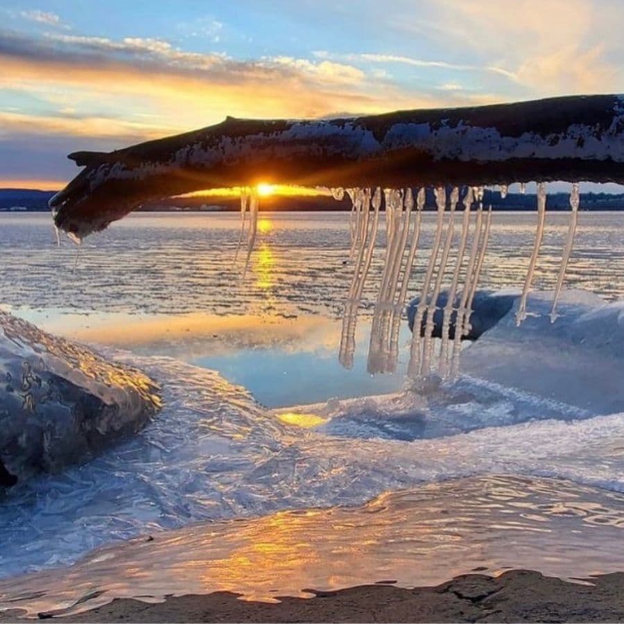 Icicles hang from a log over a frozen lake at sunset, reflecting vibrant colors in the sky.
